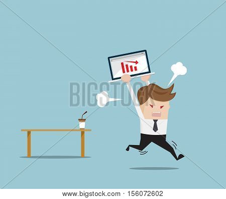 Businessman Angry and Destroy his Laptop with Red Down Graph Business Concept Cartoon Vector Illustration