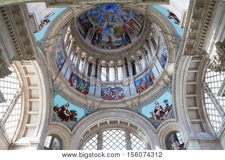 BARCELONA, SPAIN - SEP 13, 2016: The inside of the Main Dome towers above the Dome Hall of the National Museum of Art.