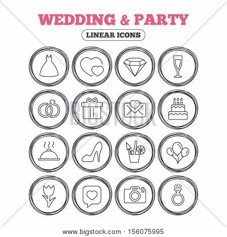 Wedding and party icons. Dress, diamond and rings. Gift box, invitatiom letter and rose flower. Speech bubble with heart and photo camera. Circle flat buttons with linear icons. Vector
