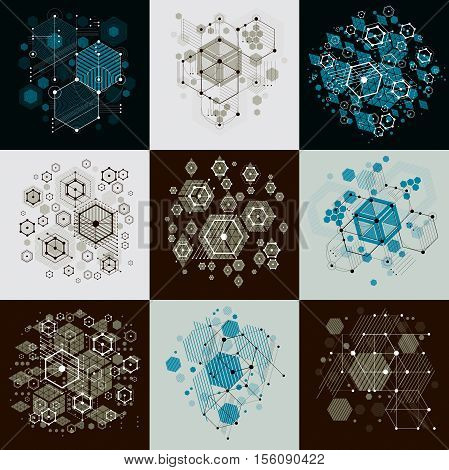 Set Of Vector Bauhaus Abstract Backgrounds Made With Grid And Overlapping Simple Geometric Elements,