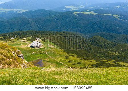 Aerial veiw mountain landscape with Seven Rila Lakes hut in National Park Rila, Bulgaria