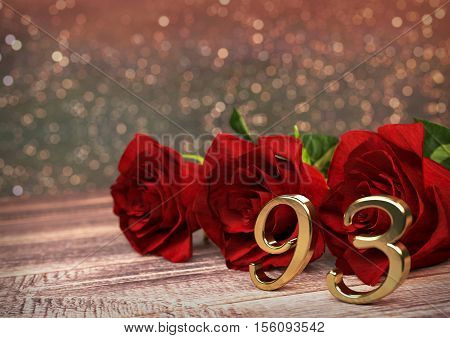 birthday concept with red roses on wooden desk. 3D render - ninety-third birthday. 93rd