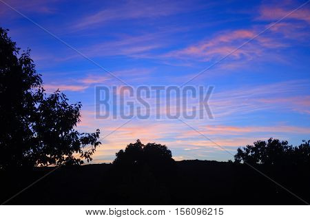 A colorful sunset over the silhouette of trees in the city of Torrington Connecticut.