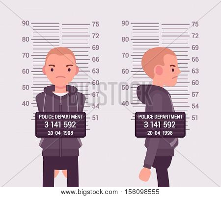 Mugshot of a young white man taken after arrest. Cartoon vector flat-style concept illustration