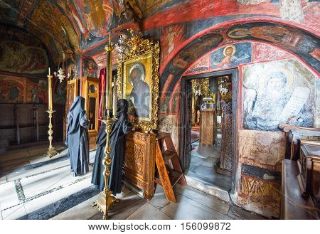Patmos Greece - May 16 2010: Nuns in the Agios Joannis Theologos Monastry