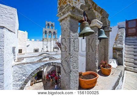Patmos Greece - May 16 2010: Visitors in the Agios Joannis Theologos Monastry