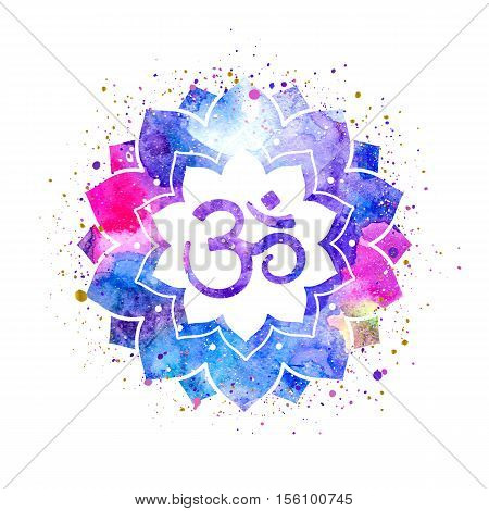 Om sign in lotus flower. Rainbow watercolor texture and splash isolated. Spiritual Buddhist Hindu symbol