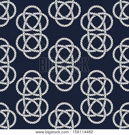 Seamless nautical rope pattern. Endless navy illustration with white loop ornament. Marine Carrick Bend knots on dark blue backdrop. Trendy maritime style background. For fabric, wallpaper, wrapping