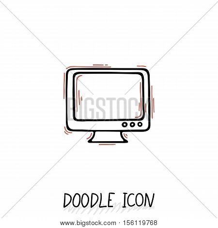 Doodle icon of monitor. Desktop computer, monoblock. Office pictogram.