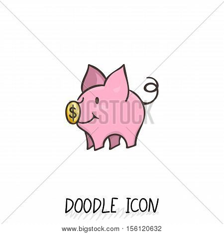 Vector icon with doodle piggy bank. Money pig for savings.