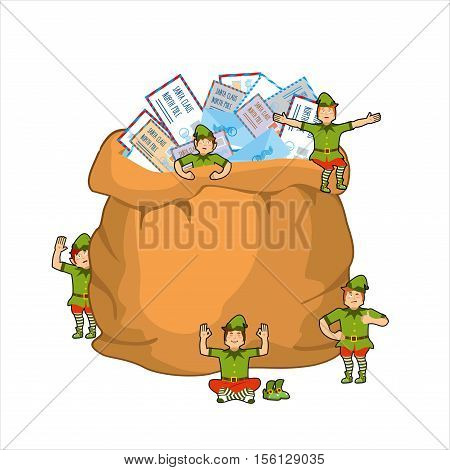 Sack Mail Post To Santa Claus And Elves. Big Bag With Letters Envelopes From Children. Postal From K