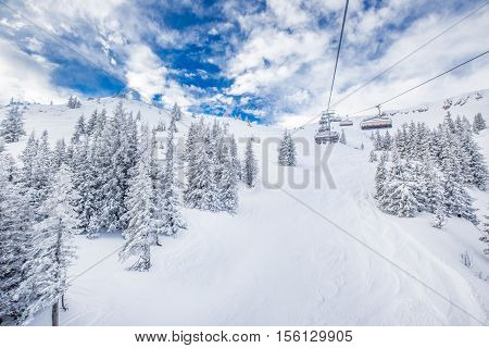 Chair Lift In Austria Alps In Kitzbuhel, Austria, Europe.