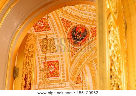 MOSCOW RUSSIA - OCTOBER 27 2016: The interior view of the Georgievsky hall in the Grand Kremlin Palace in Moscow. Built in 1849 the palace is the official residence of the President of Russia.