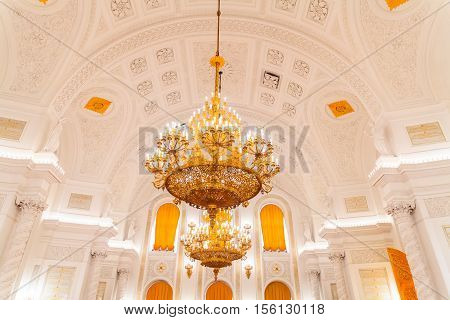 MOSCOW RUSSIA - OCTOBER 27 2016: The interior view of the Georgievsky hall in the Grand Kremlin Palace in Moscow. Built in 1849 the palace is the official residence of the President of Russia.