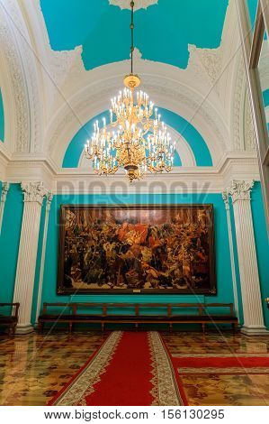 MOSCOW RUSSIA - OCTOBER 27 2016: The interior view of the Georgievsky hall in the Grand Kremlin Palace in Moscow. Built in 1849 the palace is the official residence of the President of Russia.