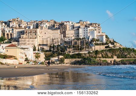 Panoramic view of Sperlonga and beautiful sandy beach. Winter in Italy