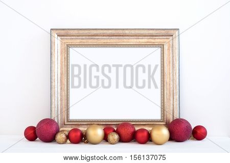 Christmas styled mockup landscape frame with red and gold baubles overlay your business message promotion headline or design great for lifestyle bloggers and social media campaigns