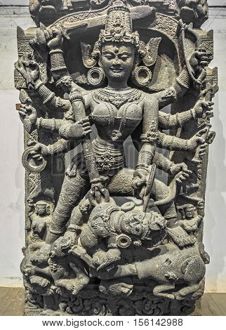 Indian Archaeological chlorite Durga goddess idol from twelfth century common era.