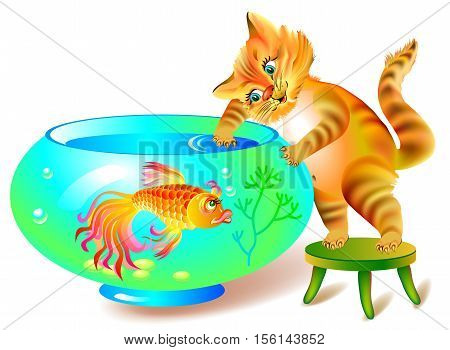Illustration of sly cat who wants to catch the fish from aquarium, vector cartoon image.