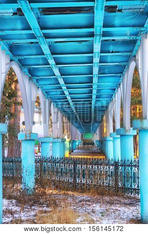 Bridge Children's Railway with blue towers view from below