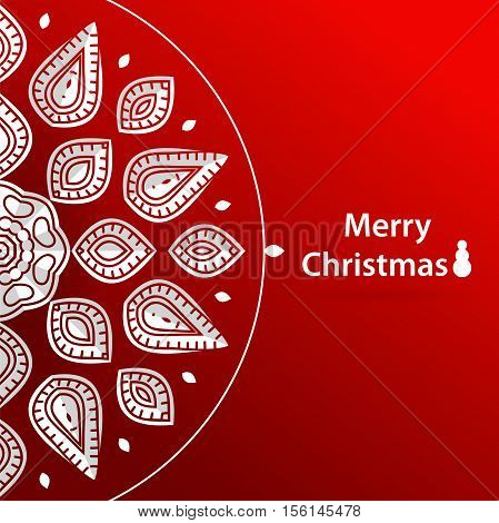 Celebratory bright background for Christmas and New Year. Greeting card. White Christmas decorations. Christmas snowflake. Volumetric white snowflake on a red background. White mandala. Holiday card.