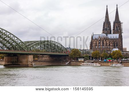 View of Koln cathedral and bridge, Germany