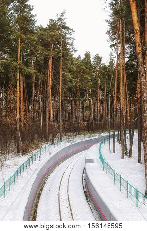 Children's Railway in winter park surrounded by pine trees