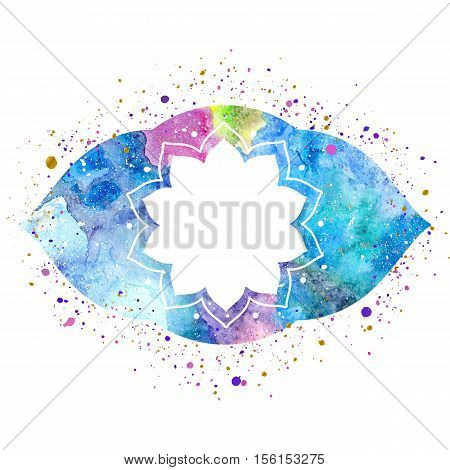 Watercolor ethnic indian frame texture and splash. Colorful blue purple pink colors. Cosmic space texture