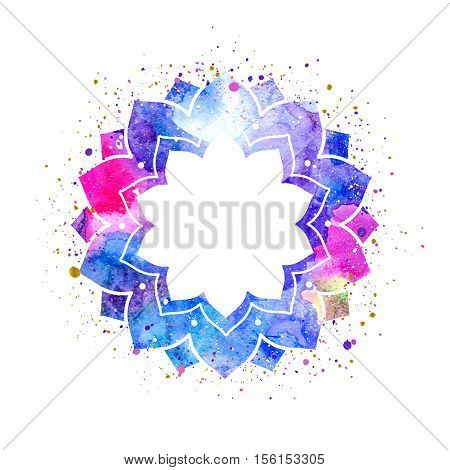 Geometric mandala flower frame. Watercolor texture and splash. Colorful blue purple pink colors. Cosmic space texture