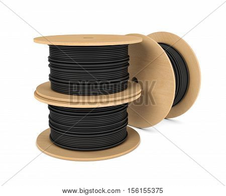 3d rendering of roll of black industrial underground cable on large wooden reel isolated on a white background. Four core al cable. Electrical cable. Professional construction site cable.