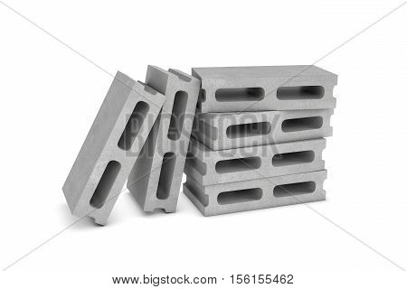 3d rendering of six cinder blocks isolated on the white background, four of the blocks are lying and another ones are leaning on them. Building materials. The construction industry. Renovation of premises.
