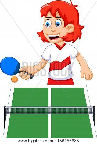 funny  teen girl cartoon playing table tennis
