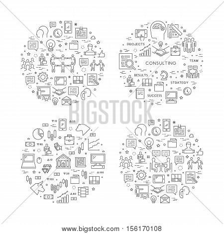 Vector line concept customer service and stock market. Linear modern banner teamwork and consulting. Open path.