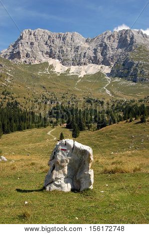 The high Plateau of Montasio with green pastures in summer and Julian Alps (Jof di Montasio). Udine Friuli Venezia Giulia Italy Europe