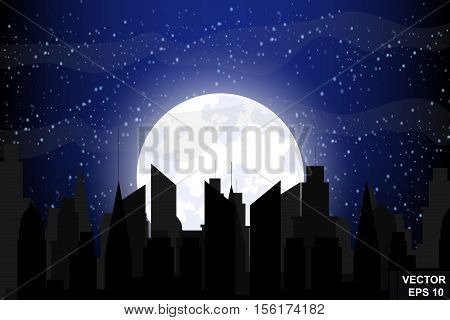 Night city. Landscape. Sleep. Full moon. Flat stil.Otdyh.