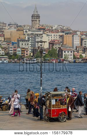 ISTANBUL, TURKEY - APRIL 25, 2016: Galata tower and view of Istambul and Golden Horn bay