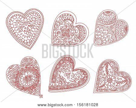 Abstract pattern of tattoo henna hearts. Stock mehndi set for design on white background. Vector hearts for Valentines day