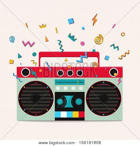 Retro stereo cassette player. Music center publishes sound waves.