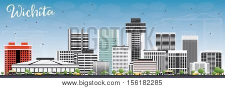 Wichita Skyline with Gray Buildings and Blue Sky. Vector Illustration. Business Travel and Tourism Concept with Modern Architecture. Image for Presentation Banner Placard and Web Site.