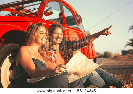 Group of friends on a roadtrip through countryside