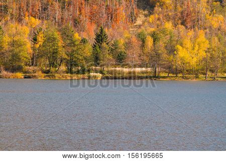 Beautiful lake Bajer, colorful autumn landscape, Fuzine, Gorski kotar, Croatia
