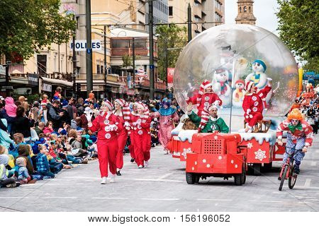 Adelaide South Australia - November 12 2016: More than 250.000 came to the city centre to see 172 colourful sets of floats bands dancers clowns and Father Christmas. The Credit Union Christmas Pageant is one of the biggest events in South Australia