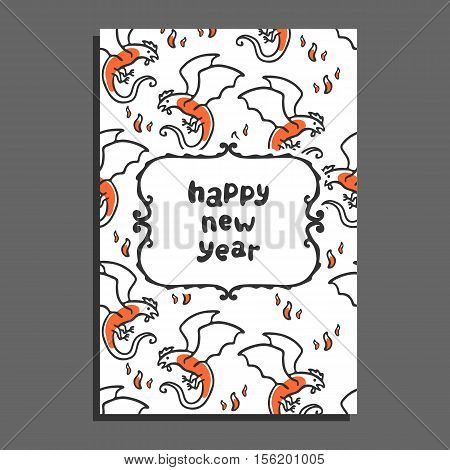 Happy new year greeting card with basilisk and flames. Cute cartoon vector childish pattern on white background