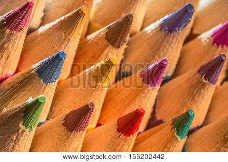 close-up of colorful pencil points in a row