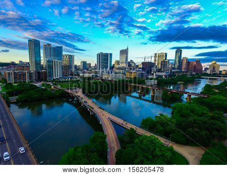 Austin Texas Blue Reflections sunset with Bridges and Modern Architecture builds a Progressive Capital City Aerial Over Downtown ATX