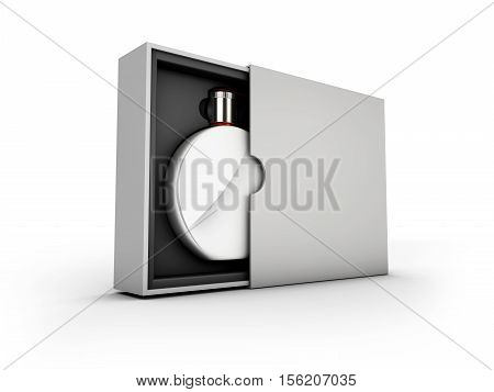 3d Illustaration of Black and silver perfume bottle in white and black box on white background. Mockup