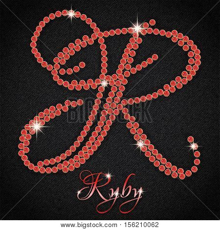 Calligraphic letter R from realistic crystals with sparkles of precious stone Ruby on black denim background. Vector illustration