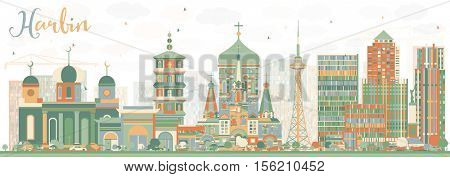 Abstract Harbin Skyline with Color Buildings. Vector Illustration. Business Travel and Tourism Concept with Historic Architecture. Image for Presentation Banner Placard and Web Site.