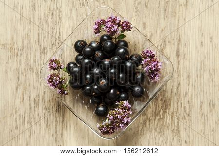 Black currants in a glass bowl with little oregano blooms on a wooden background.