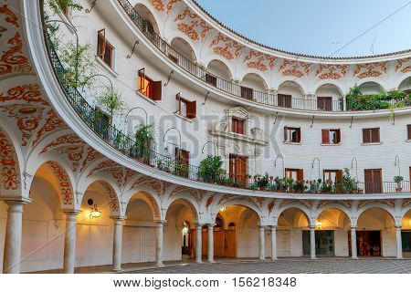 Cabildo Square Plaza del Cabildo traditional patio area in the center of Seville. Spain. Andalusia.